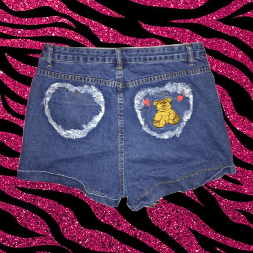 Bear Patch Heart Pocket Denim Shorts